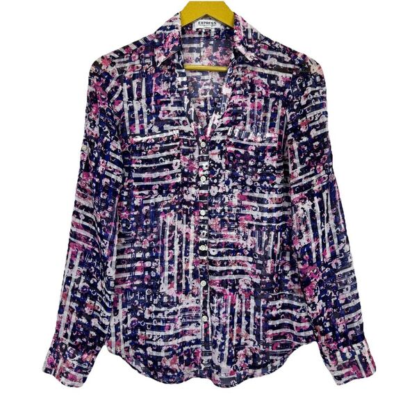 Express The Portofino Button Up Shirt XS Multicolor Geometric Roll Tab Sleeve - Picture 1 of 10